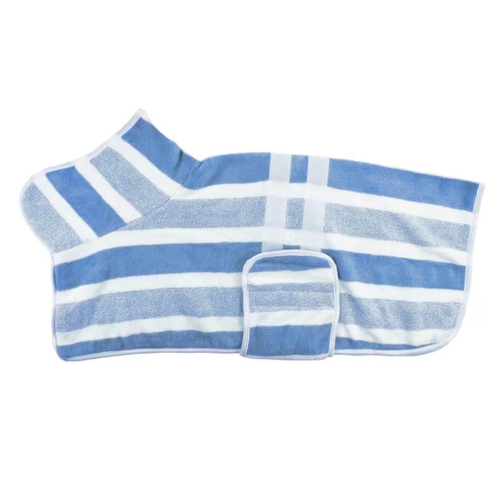 

Coral Velvet Dog Bath Robe Quick-Dry Striped Pet Ultra Absorbent Towel Fully Wrapped Adjustable Belly Strap Soft Bath Wrap XS синий