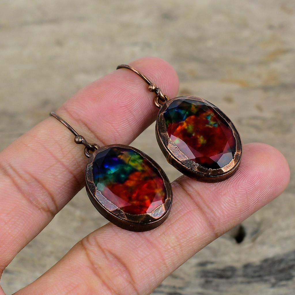 Faceted Ammolite Earring Electroformed Copper Gemstone Earrings Handmade Earring Electroformed Jewelry Latest Design Earring Gifts For Women
