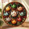 Bohemian Teapot Floral Wreath Round Metal Art 2D Flat Wood Sign Home Gift