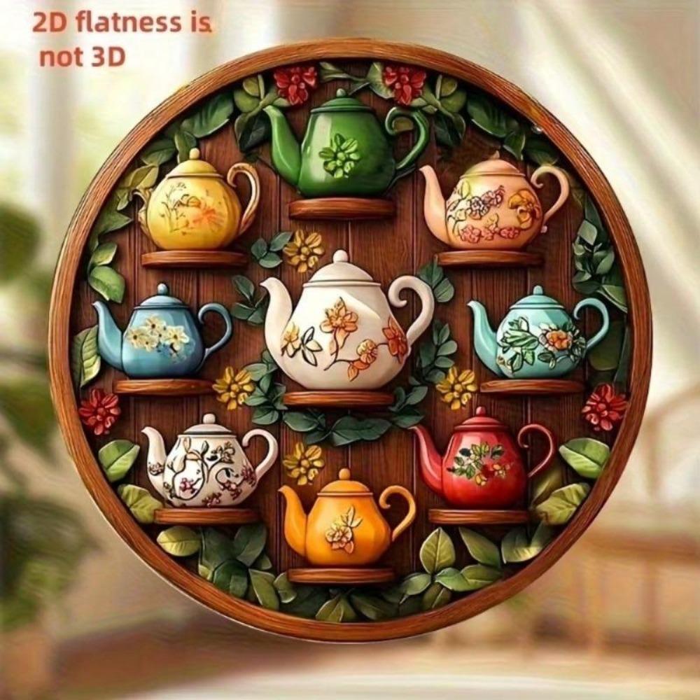 Bohemian Teapot Floral Wreath Round Metal Art 2D Flat Wood Sign Home Gift