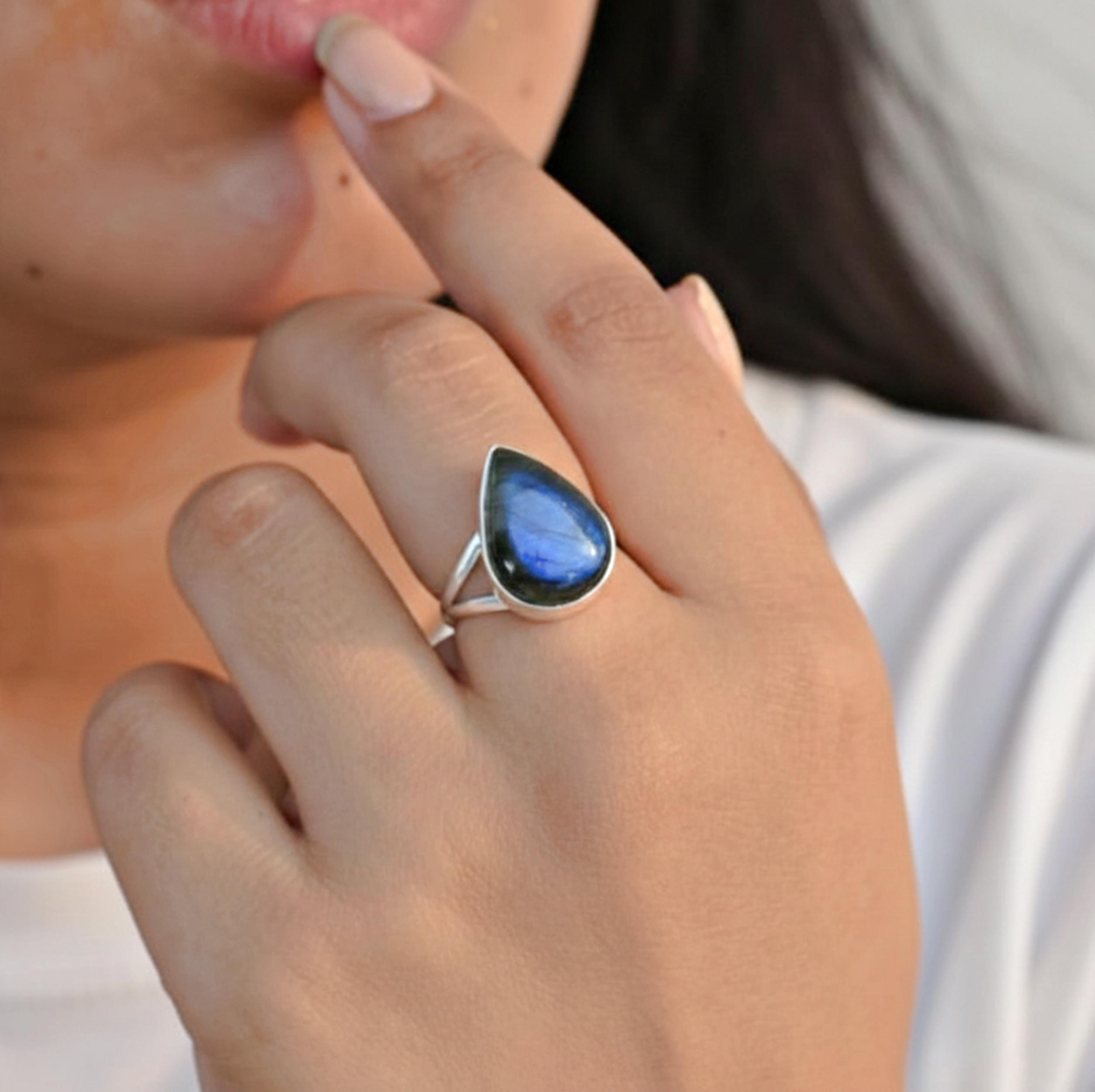 Pear Cut Blue Labradorite Statement Ring, 925 Sterling Silver, Minimalist Boho Statement Ring for Women 12 серебряный