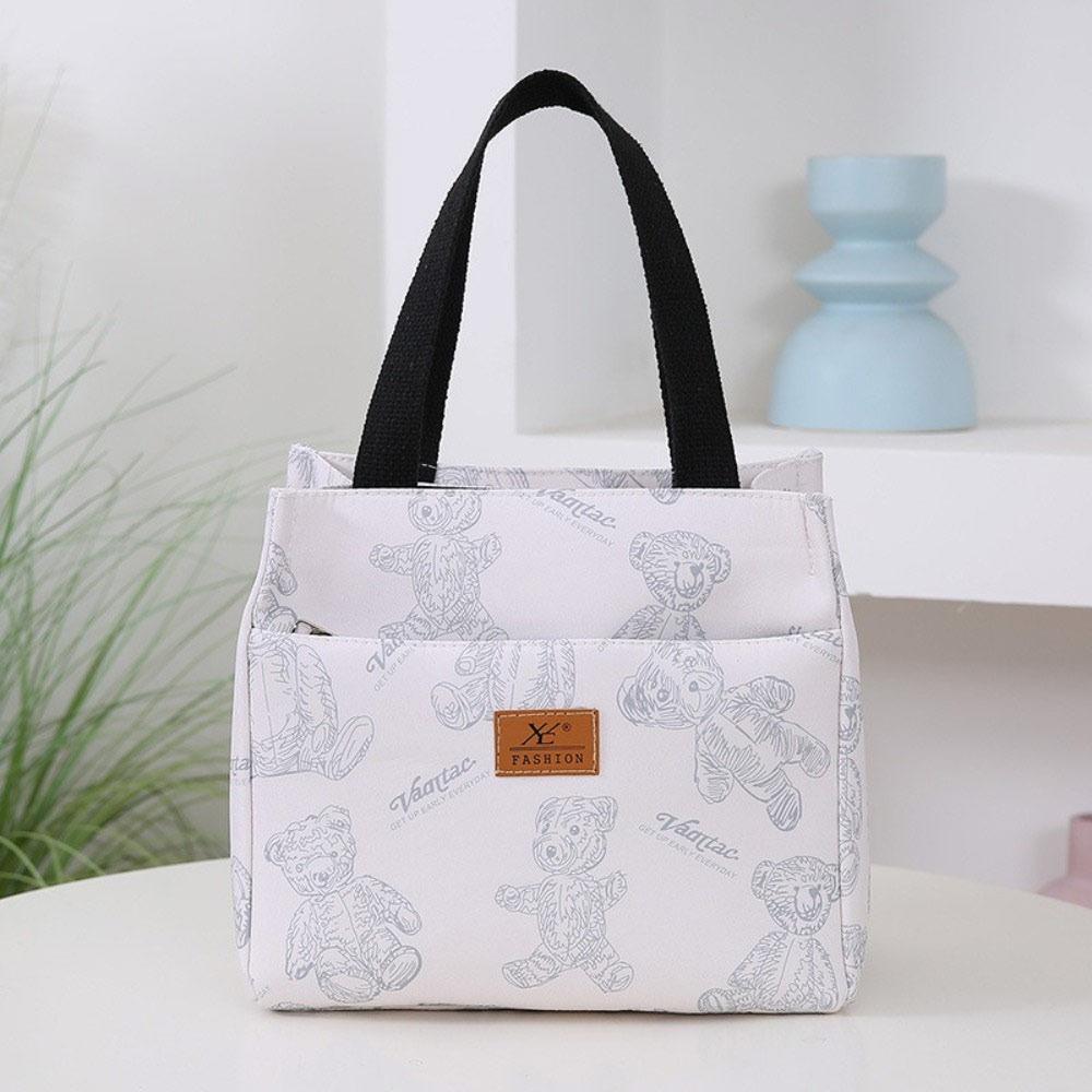 

Portable Large Capacity Canvas Tote Bag Thermal Waterproof Lunch Box Bear Print Insulation Bag Zipper Handbag Storage Bag белый