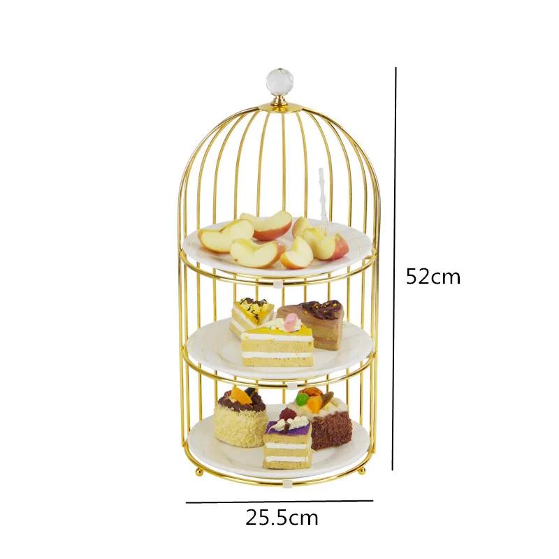 Birdcage Double Layer Cake Stand Wrought Iron Display Stand Ceramics Three-tier Fruit Tray Afternoon Tea Dessert Decorative Rack