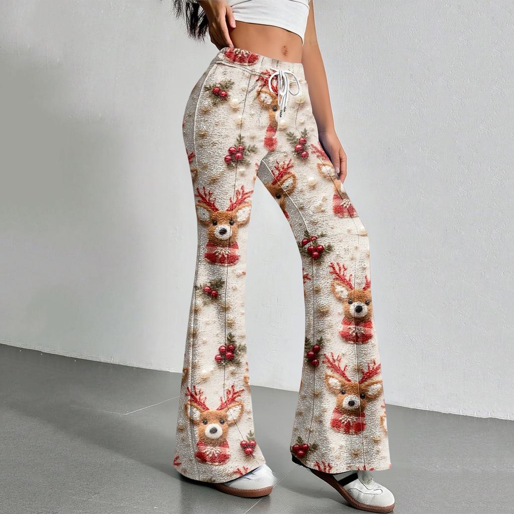 Women's Fashion Loose Drawstring Waist Christmas Printed Casual Sports Pants Casual Flared Pants