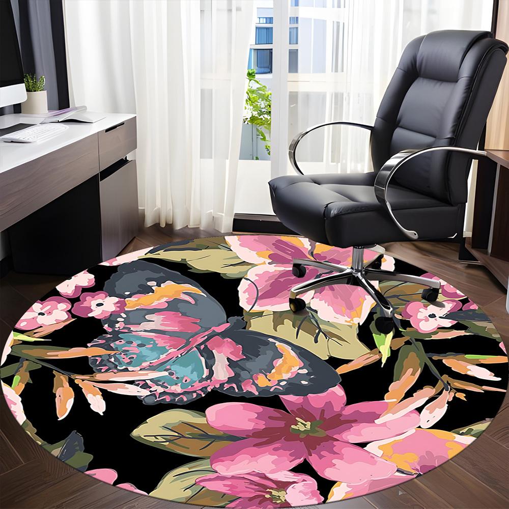 1pc Butterfly Floral Pattern Carpet, Round Non Slip Durable Large Size Office Carpet, Suitable for Office
