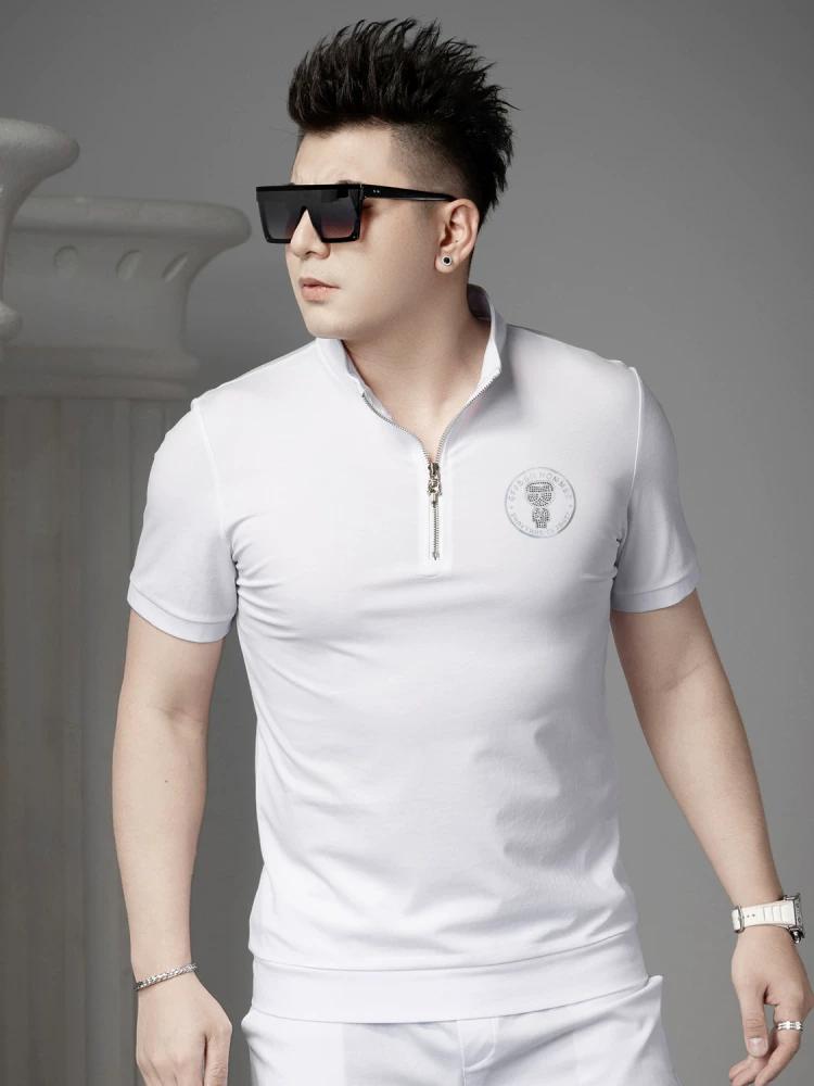 European Goods Short sleeve Polo Shirt Men's 2025 Summer New Fashion Brand Bronzing Stand Collar T-shirt Casual Half Sleeve Top Men