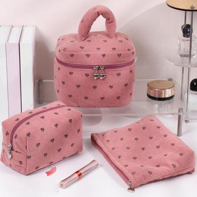 Corduroy Makeup Bag with Heart Pattern Portable Travel Cosmetic Bag Zipper Makeup Pouch Toiletry Organizer Purse for Women Girls