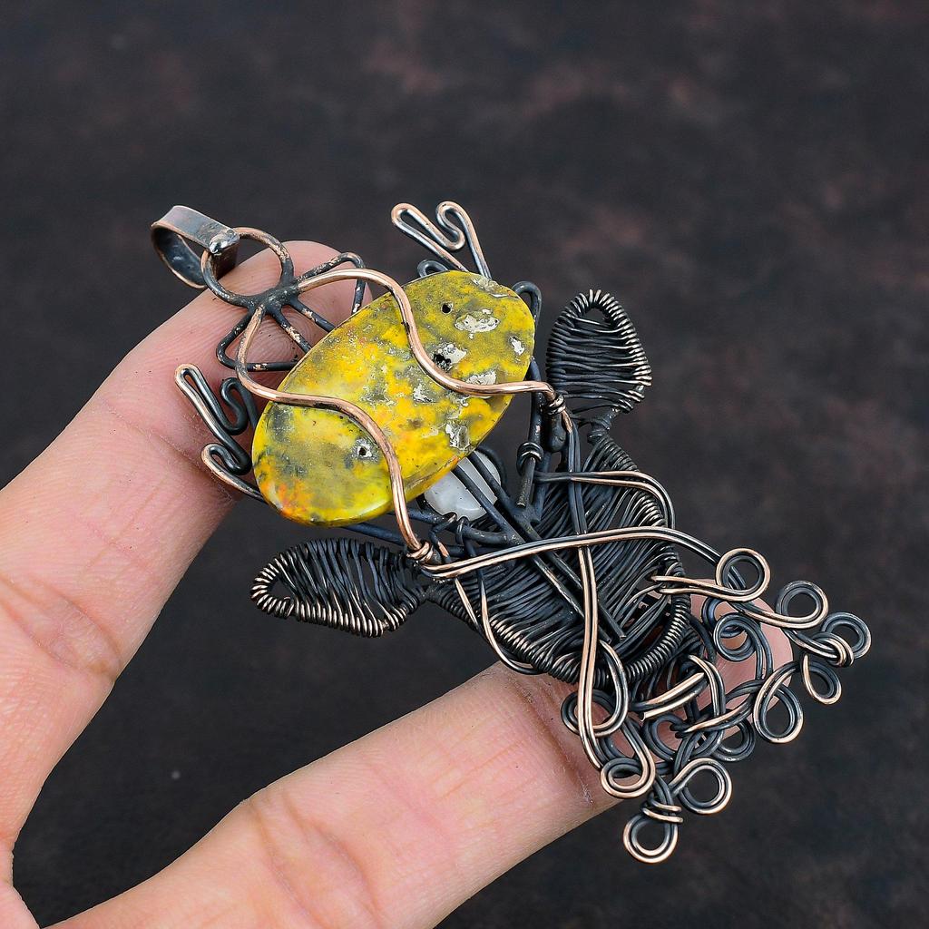 Bumble Bee Jasper Pendant Copper Wire Wrapped Rainbow Moonstone Pendant Deer Face Jewelry Handmade Dainty Pendant Gemstone Pendant For Gifts