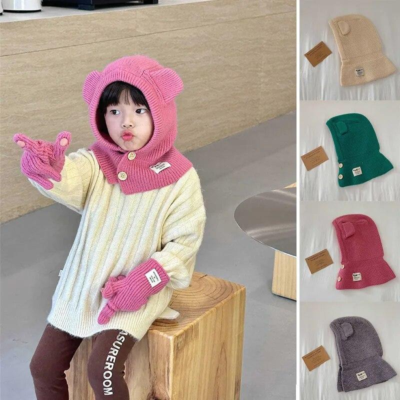 Koreanische Nette Bär Ohr Baby Mit Kapuze Hut Winter Warme Gestrickte Ohr Schutz Balaclava Cap Für Kinder Mädchen Jungen Ein Stück schal Kappe