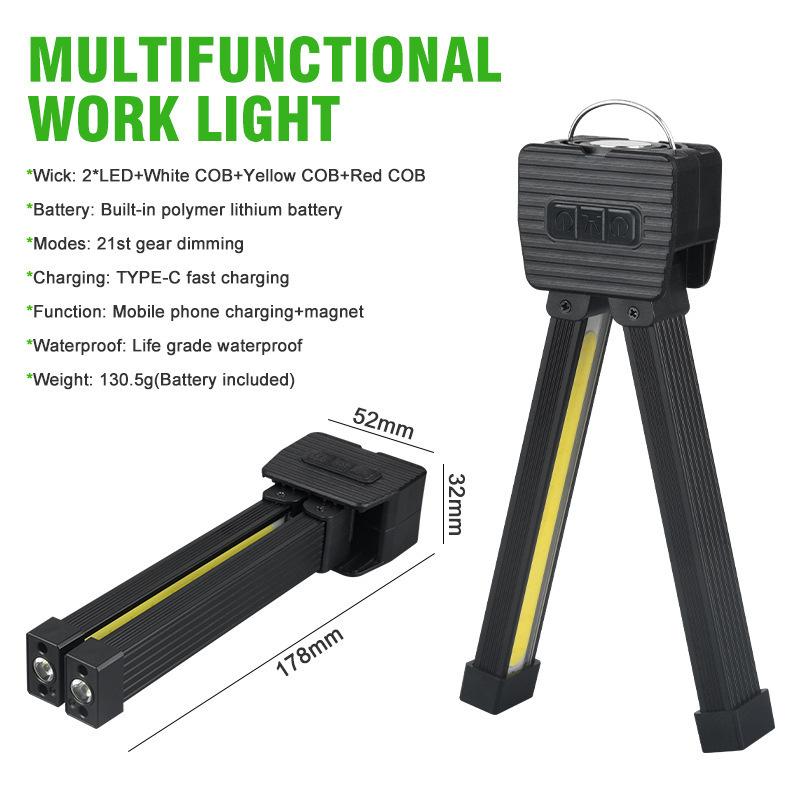 Rechargeable LED Work Lights 6 Modes Foldtable Flashlight with Magnetic Hanging Hook Type-C USB Charging for Camping Car Repair Workshop Emergency