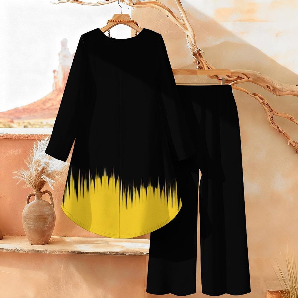 Floral Print Print Two Piece Outfit Women Long Sleeve Irregular Hem Tunic Top Wide Leg Pants Casual Matching Set