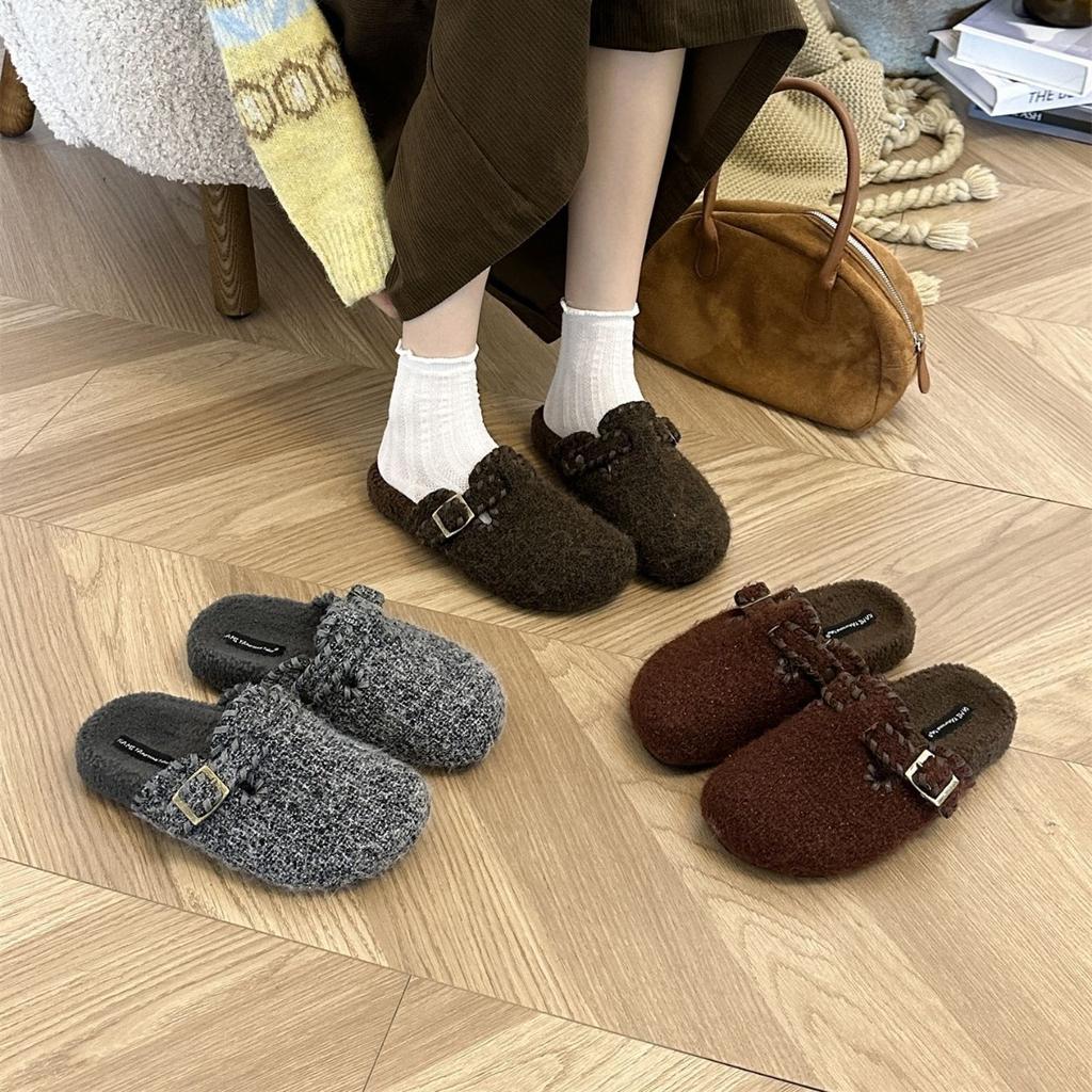 2025 Autumn and Winter New Round Head Thick Bottom Belt Buckle Hairy Lazy Boken Outer Wear Women's Slippers