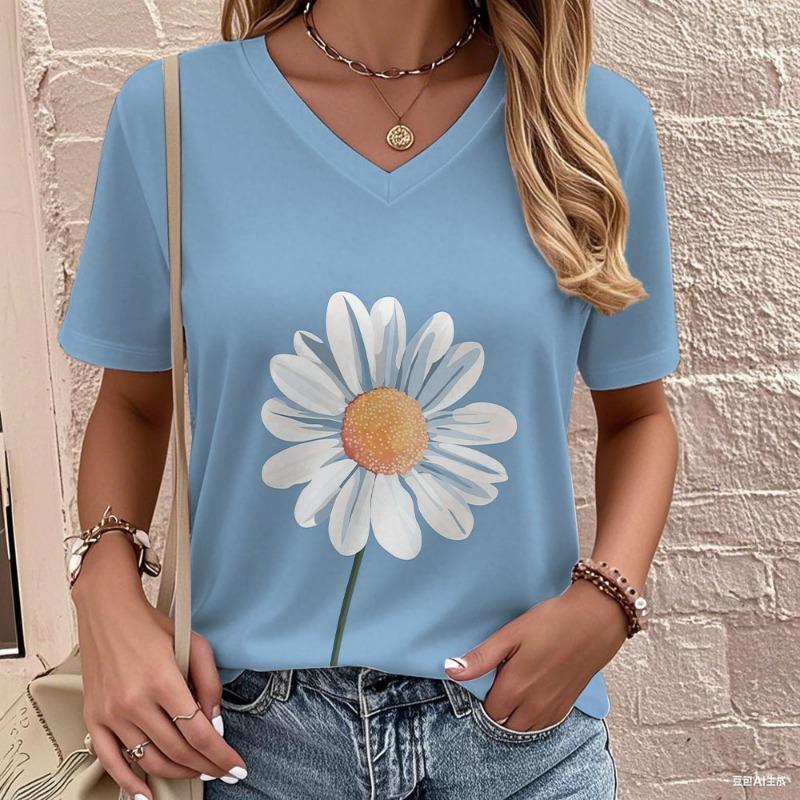 Fashion Flower T-Shirts Floral 3D Print Women's Casual V-Neck Short Sleeve T Shirt  Tees Harajuku Outdoor Top Female Clothing