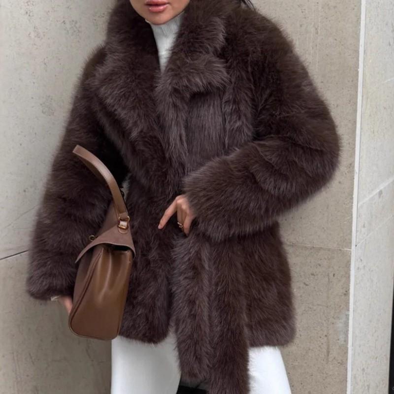 Womens Faux Fur Coat Mid-Length With Belted Waist Elegant Winter Outerwear In Black Coffee Beige