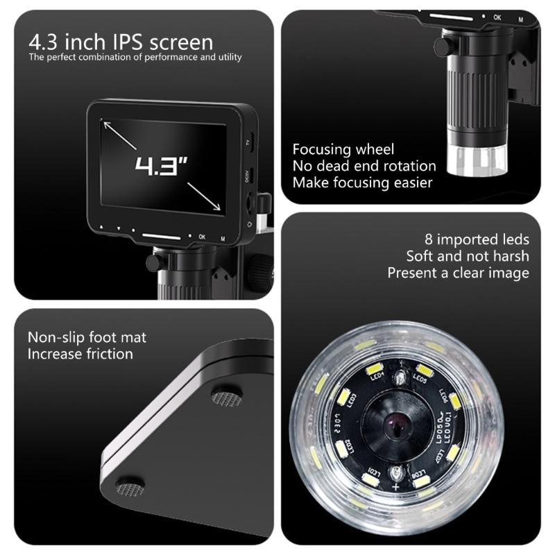 LCD Digital Microscope 4.3Inch Screen 720P Video Recorder 1-1000X Magnification Zoom Coin Microscope Magnifier PC View