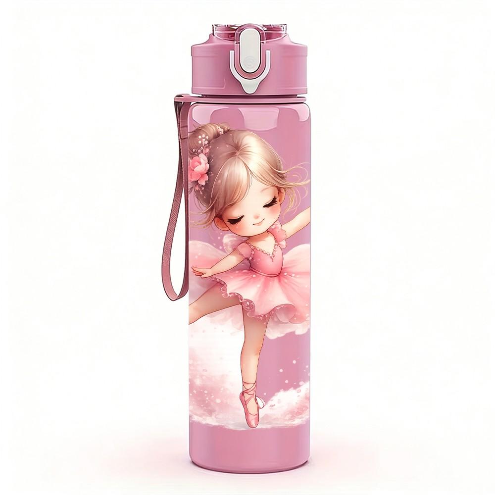 1PC Little Pink Ballerina Girl Print 750ml Color Plastic Sports Water Bottle Leakproof Flip Straw Lid Suitable for Sports Office Home Use