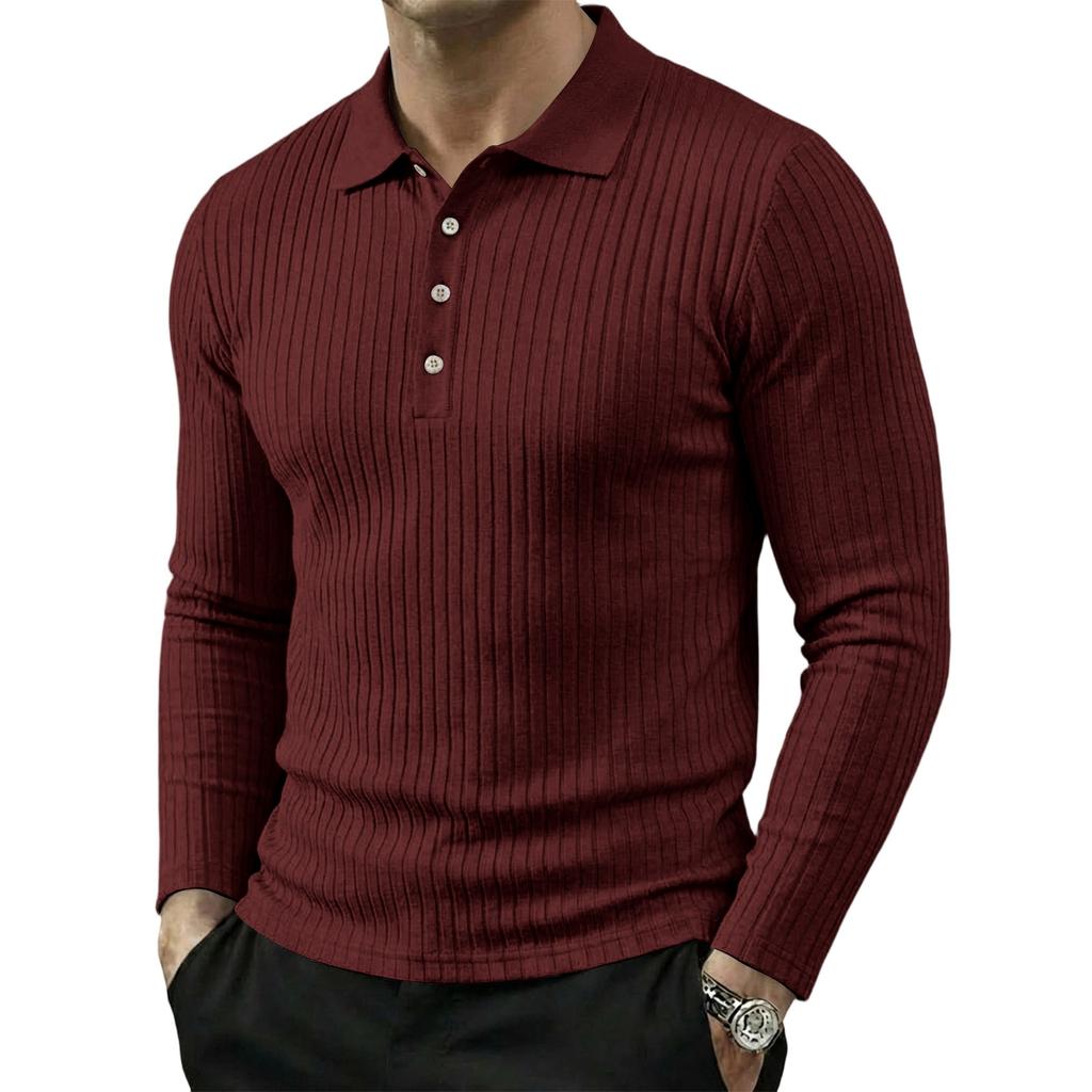 Men's Long Sleeve Polo Shirt Ribbed Texture Casual Lightweight Breathable Sport Top with Button Placket Classic Collar for Spring Autumn