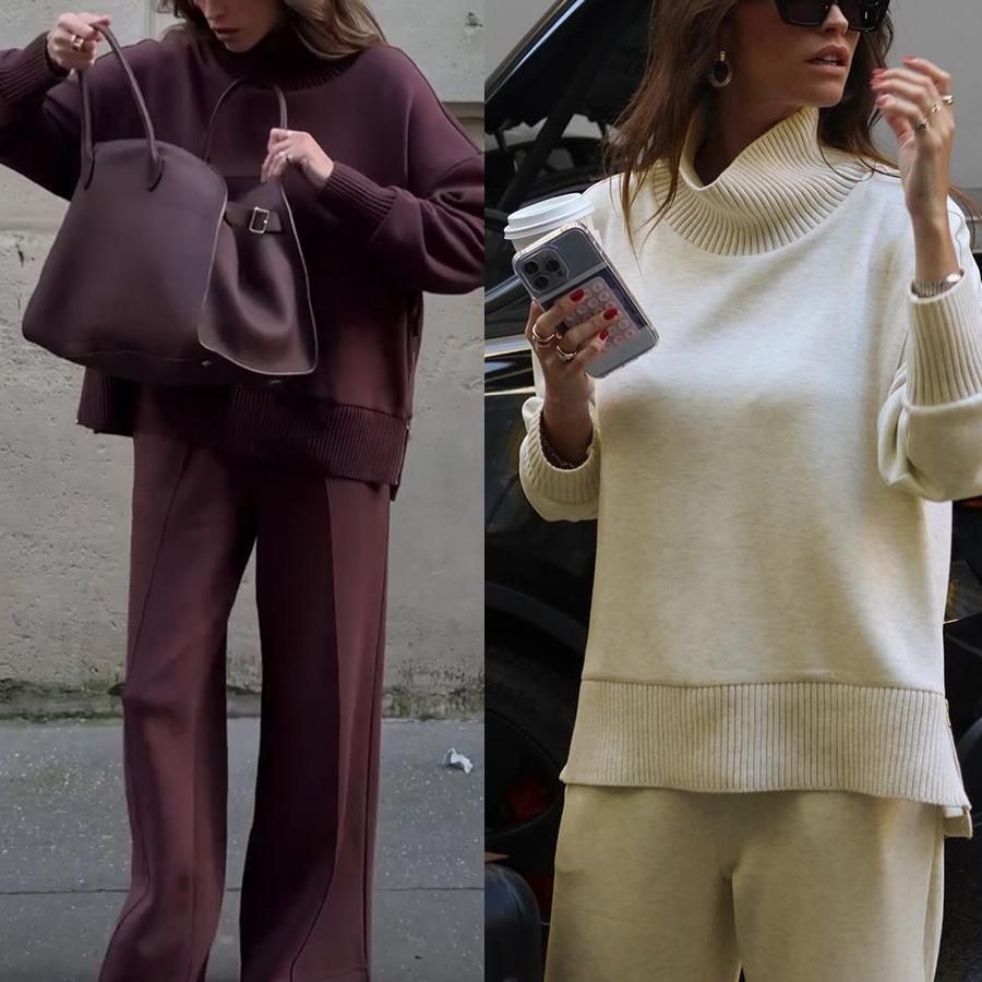 

Women s High Neck Knit Sweater and Wide Leg Pants Set in Deep Purple and Beige, Casual Chic Outfit with Matching Tote Bag S
