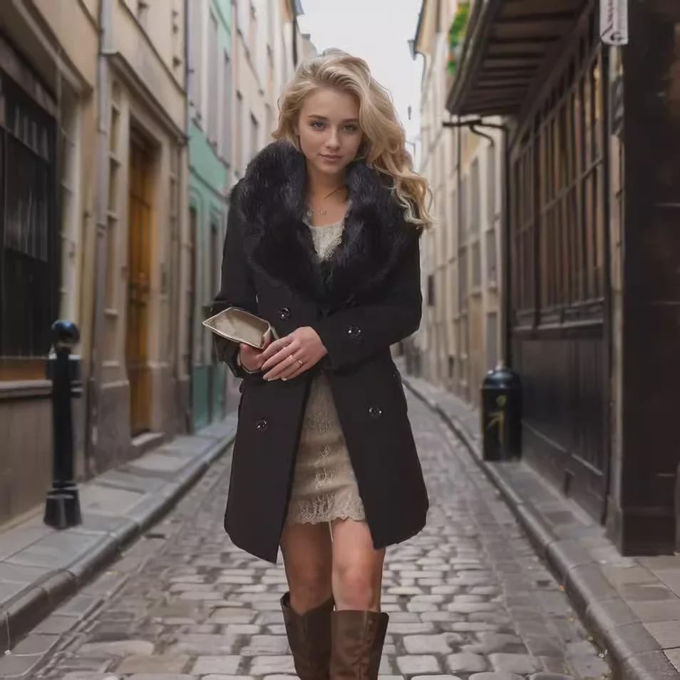 Damen Wollwintermantel mittlerer Länge mit großem Pelzkragen - Europäische Größe