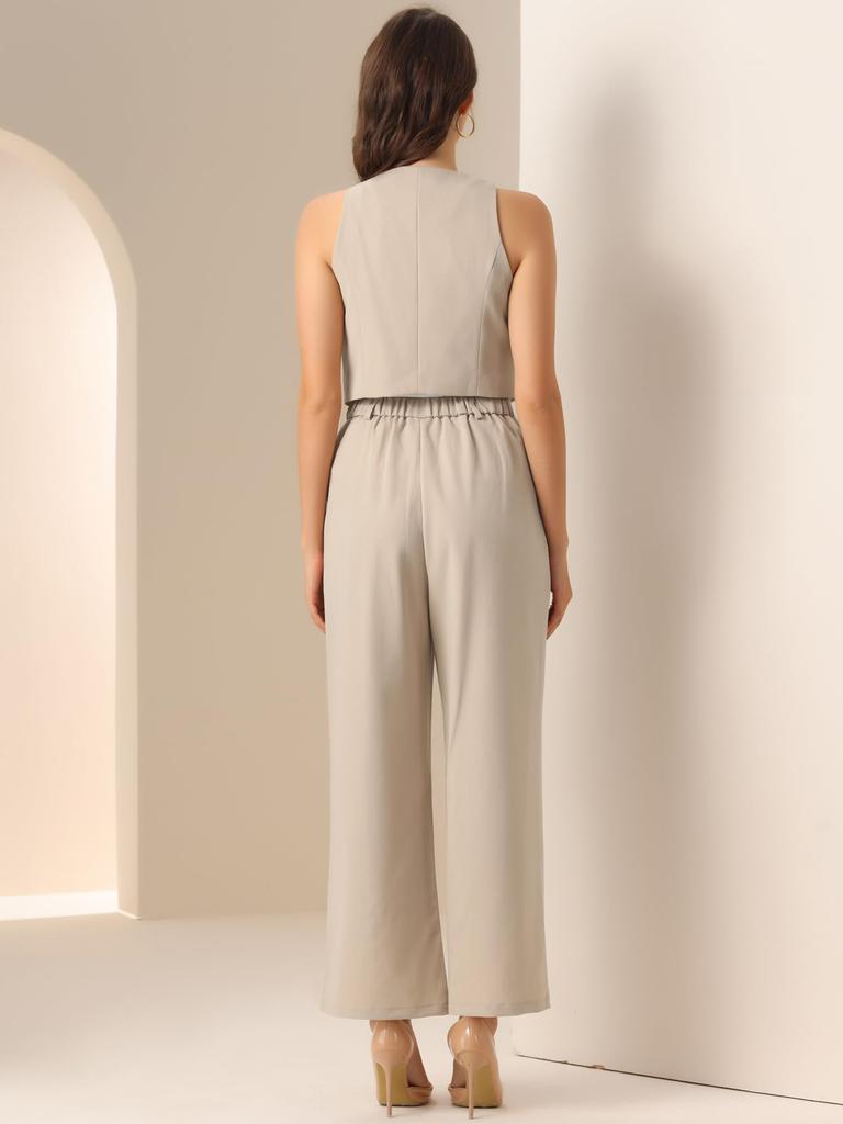 Allegra K Women's Casual Sleeveless Crop Top with V-Neck and Wide Leg Pants, Two-Piece Sweatsuit, Apricot, Size M