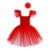 Girls Mesh Dance Dress Flutter Sleeve Spaghetti Straps Lace Floral Tutu Skirt Performance Outfit with Headdress