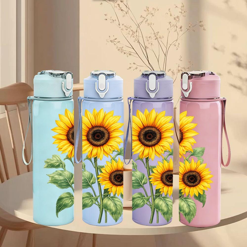 1PC Sunflower Yellow Flower Pattern 750ml Color Plastic Sports Water Bottle Leakproof Flip Straw Lid Suitable for Sports Office Home Use