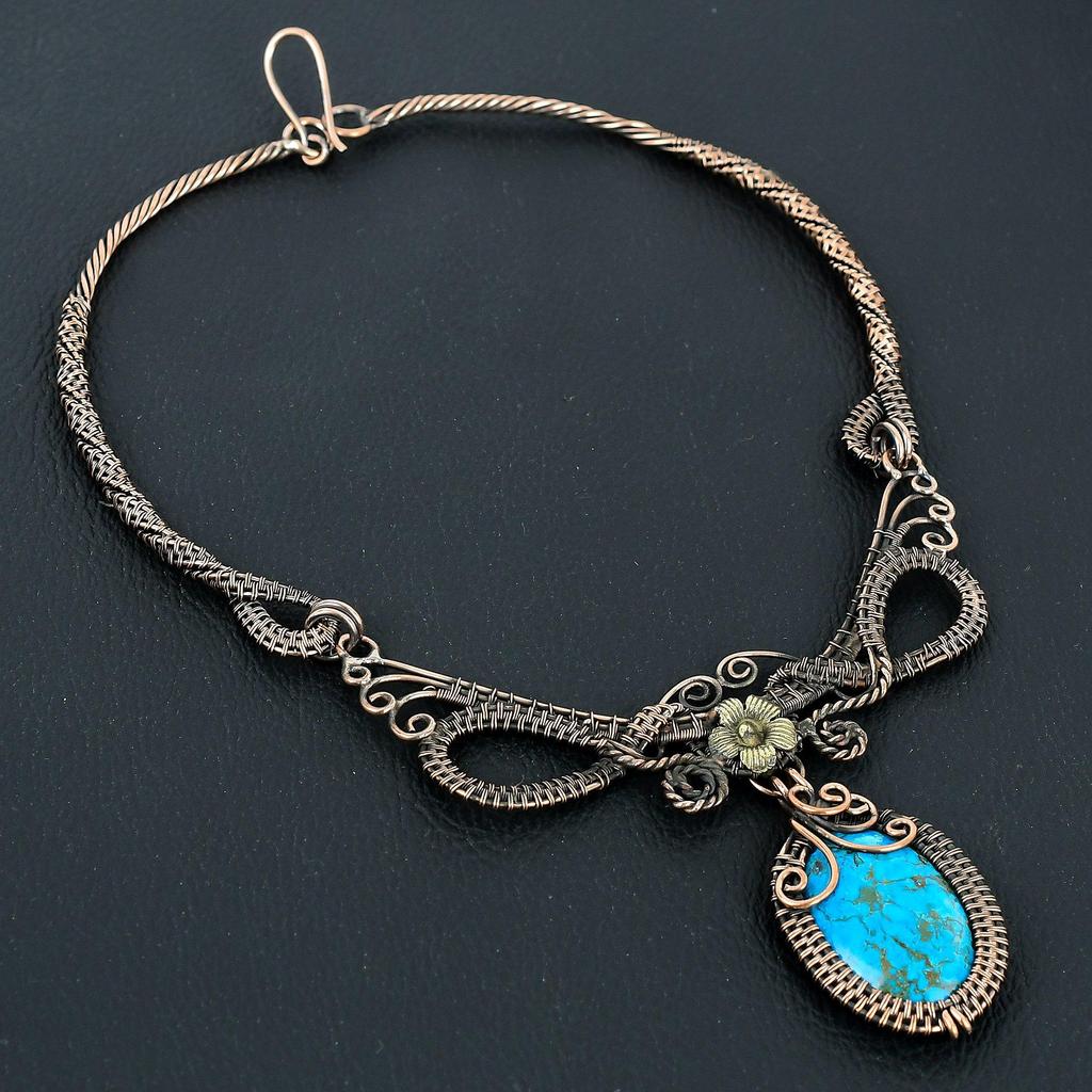 Blue Turquoise Handmade Gemstone Necklace, 999 Copper Wire Wrapped Antique Jewelry Adjustable Chain Necklace, For Engagement Gift