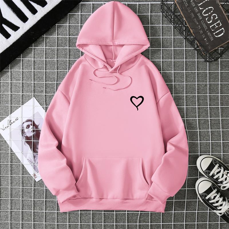 Simplic Heart Print Women Sweatshirt Soft Casual Loose Vintage Female Hoodies Winter Warm Fleece Student Tops