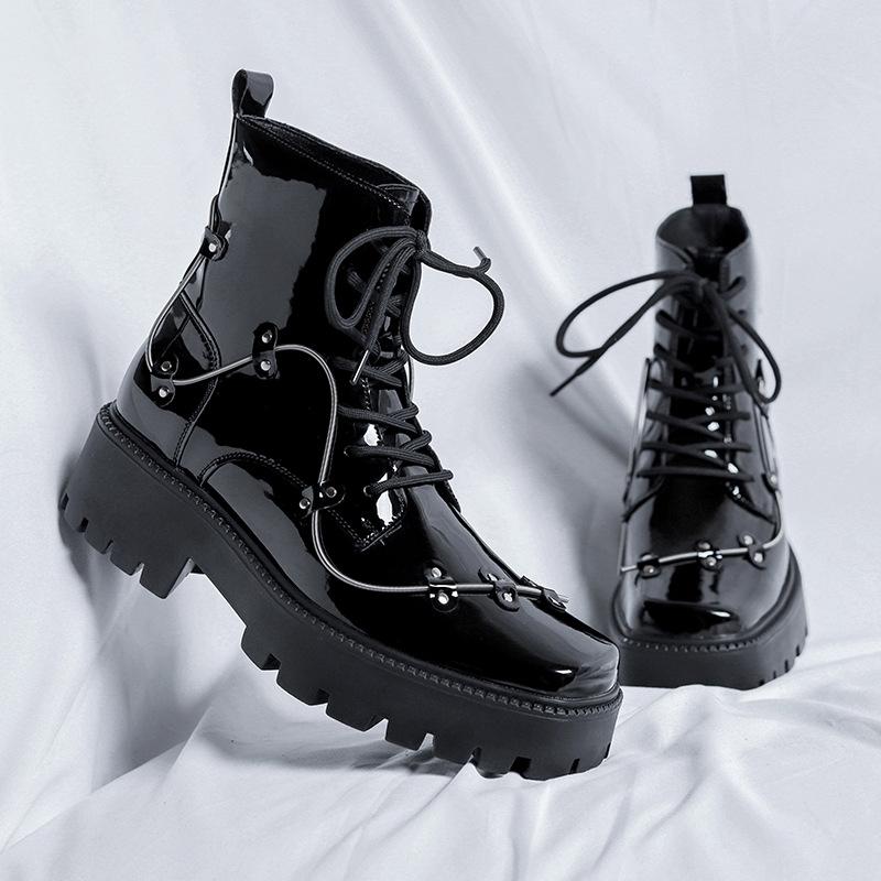Niche British Style Platform Derby Shoes Square Head Bright Leather Men's Business Casual Retro Boots