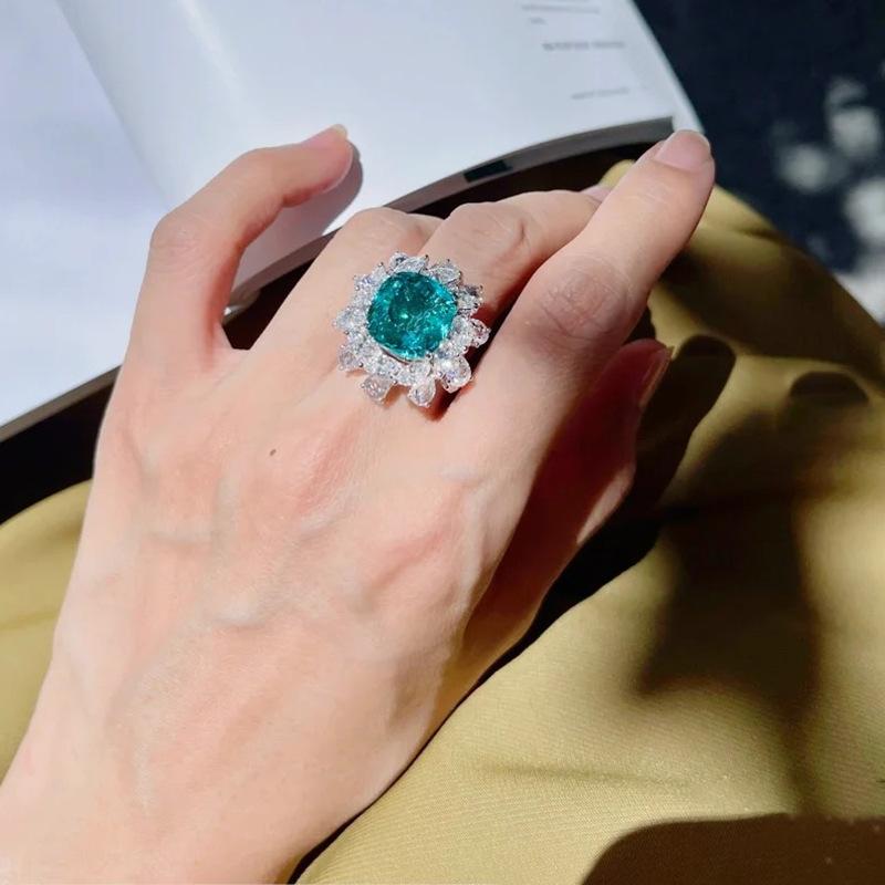 Paraiba Green Flower Ring Women'S Luxury Full Diamond Imitation Emerald Sunflower Ring