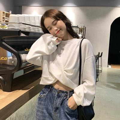 Kurzes Sweatshirt für Damen Locker Koreanisch Neu Herbst Dünn Nabel-frei Langarm Design Oberteil