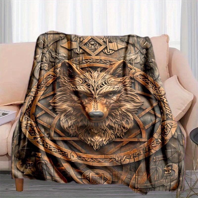 Viking Wolf Flannel Throw Blanket, Abstract Animal Retro Design, All Season Soft for Home Office Travel, Unique Decor Gift Idea