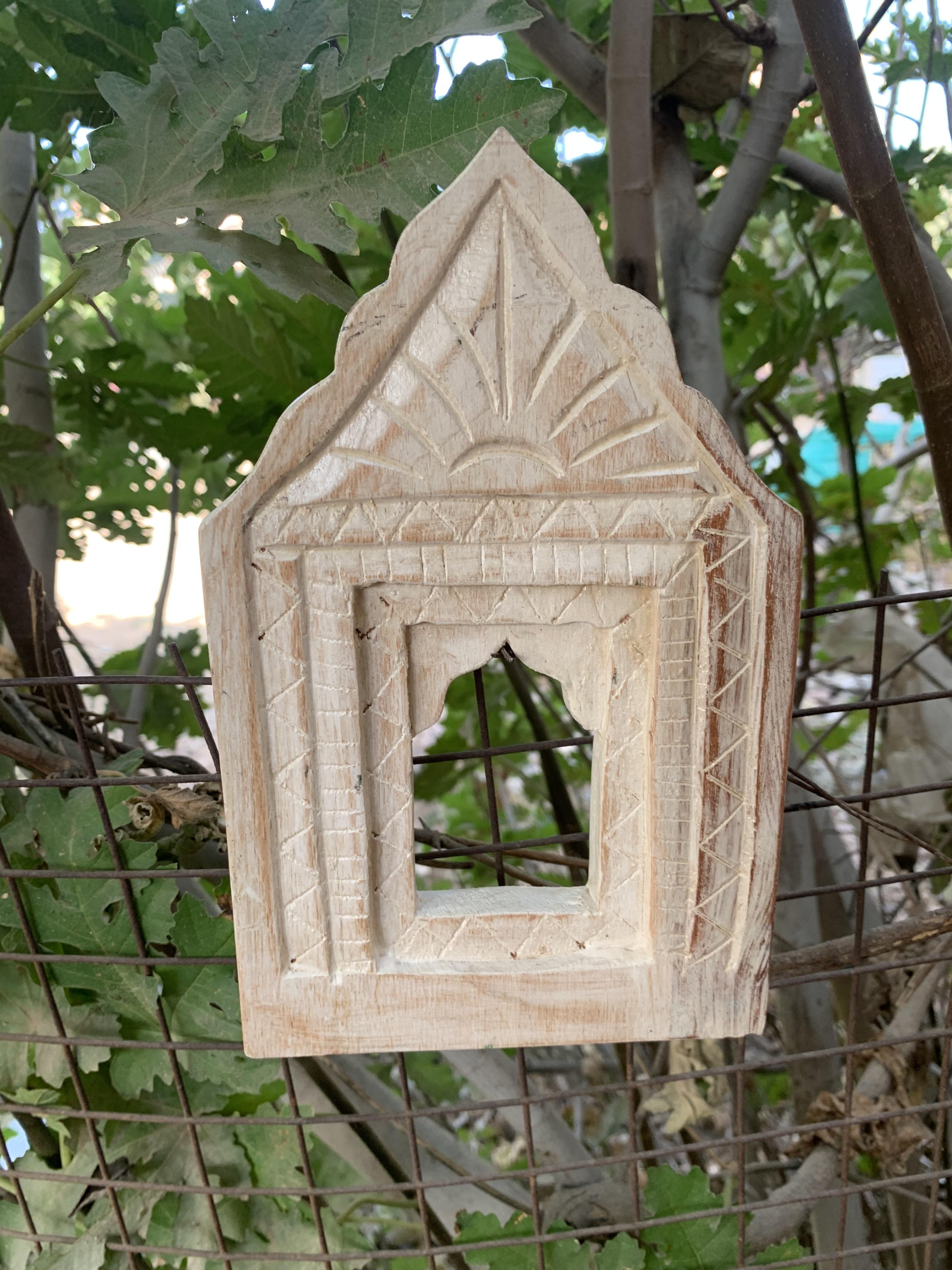 

Rustic Hand Carved Wooden Jharokha, Indian Temple Window Wall Decor Frame 9 x 5.5 x 1 (h x l x w) approx.