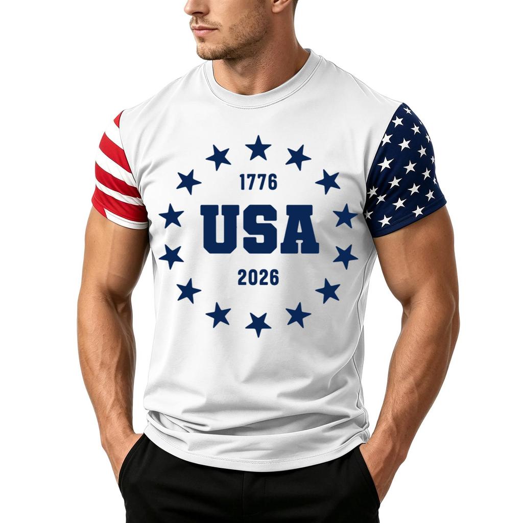 Men's Independence Day Flag Print Short Sleeve T-Shirt, Loose Casual Daily Summer Tops
