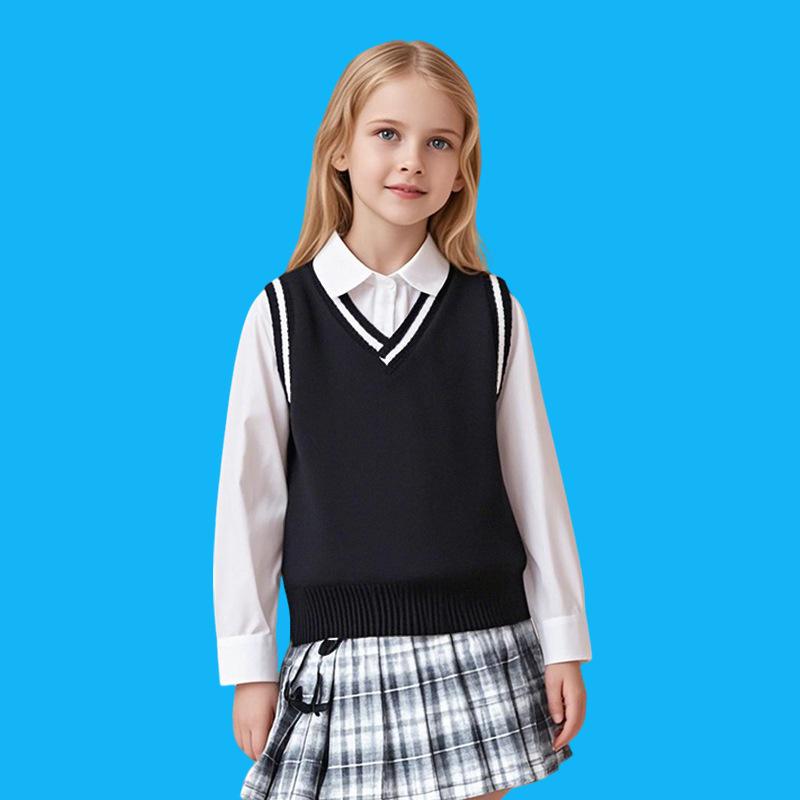 100% Cotton Teenage Kids Knit Vest Boys & Girls School Uniform Sweater Vest V-neck Pullover Preppy Style Children Top Clothes