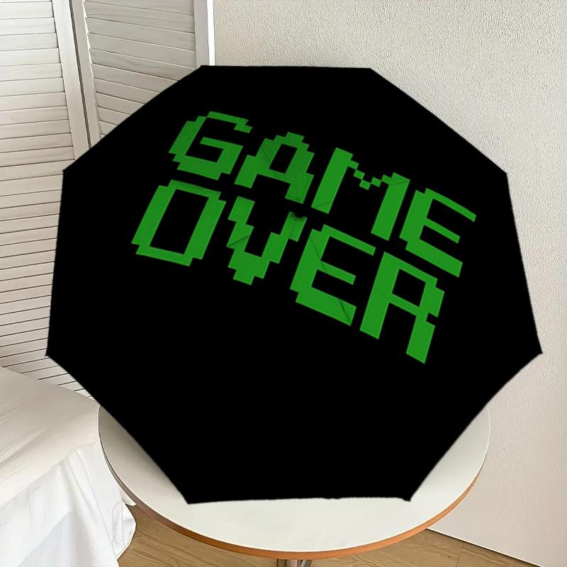 Game Over Pixel Art Design Automatic Opening Folding Umbrella with 8-Bone Iron Frame - Portable and Durable for Travelers, Fans, and Everyda