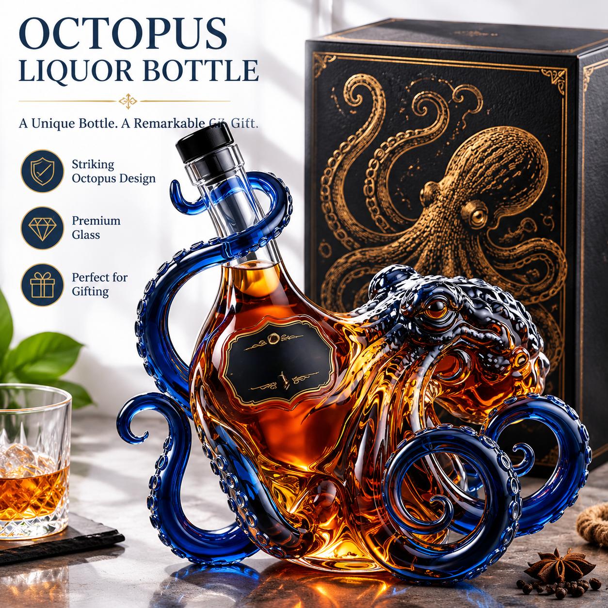 Octopus Shaped Glass Whiskey Decanter Handcrafted Glass Bottle with Detailed Tentacle Design Unique Nautical Barware for Spirits Storage and Display One Size