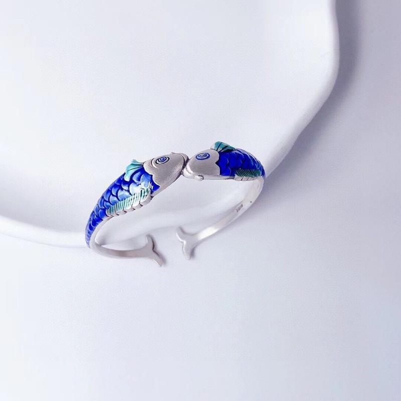 National Drop Craft Pisces Carp Bangle 925 Silver Fashion Personality Animal Fish Opening Bracelets SL036