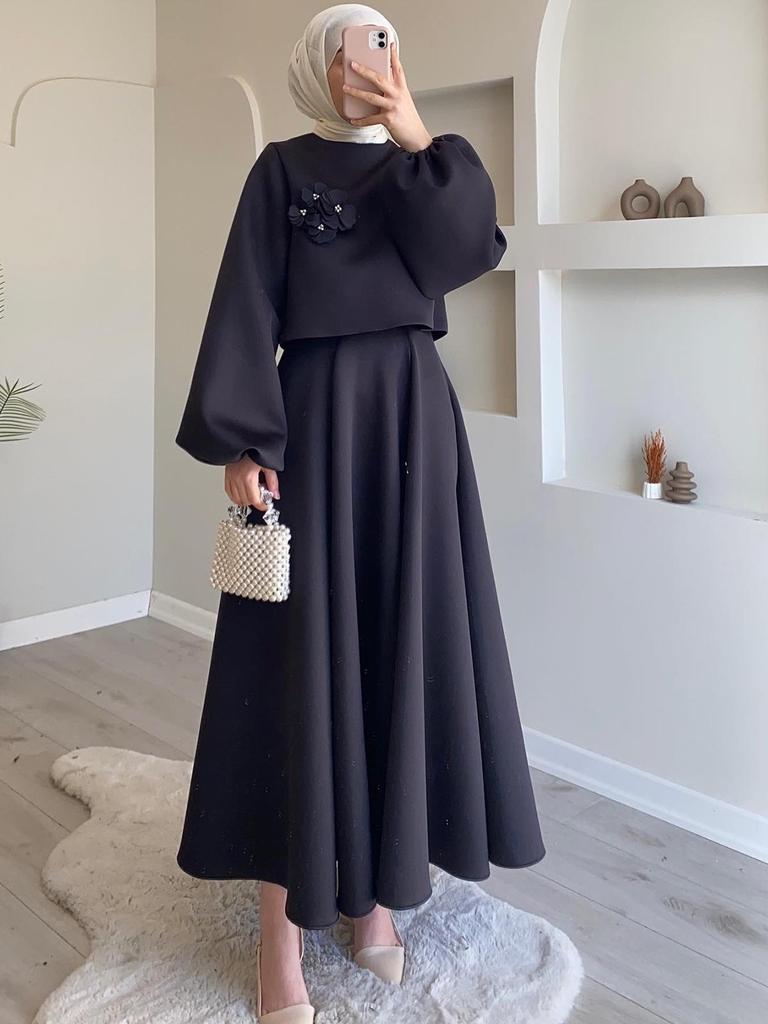 Autumn  Dubai Floral Lantern Sleeve Loose Dress & Skirt Set for Women
