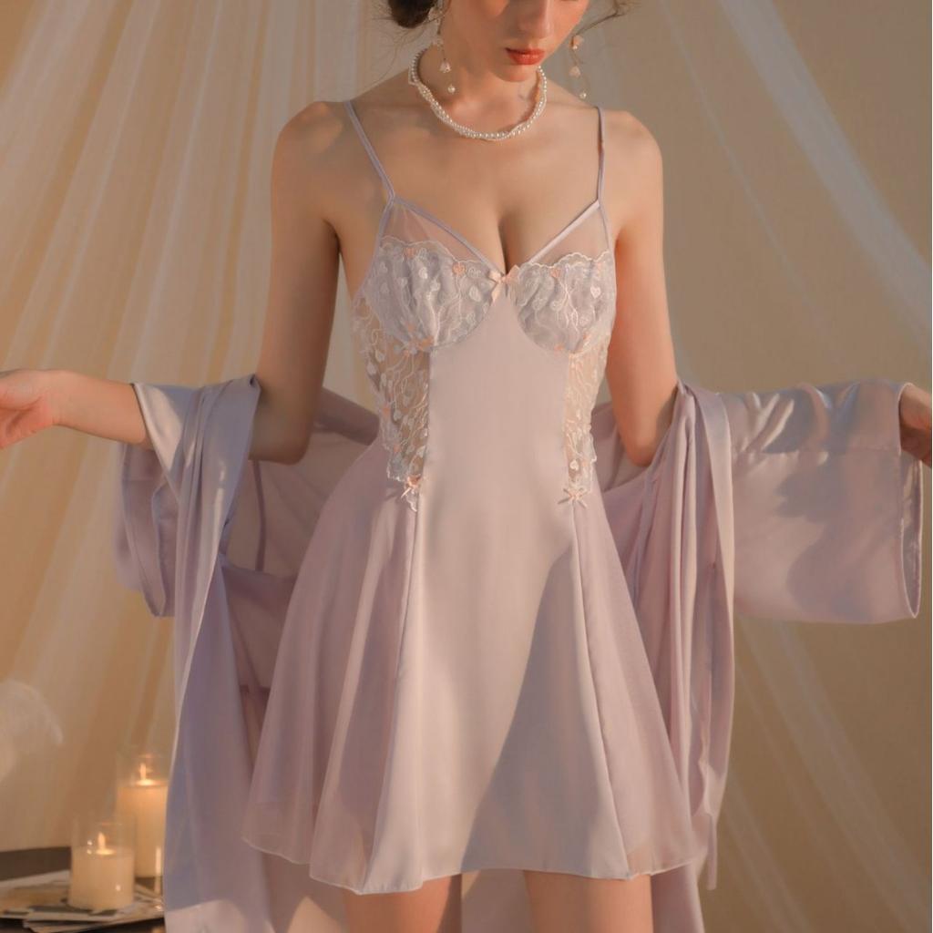 Sexy Pajamas Women's Ice Ribbon Chest Pad Colored Lace Lace Suspender Pajamas Two-piece Set Pure Desire Loungewear
