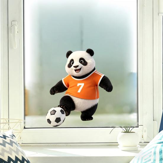 Football Panda Design Window Sticker, No Glue Residue Glass Decal for Living Room Bedroom Entrance Hall Home Decor