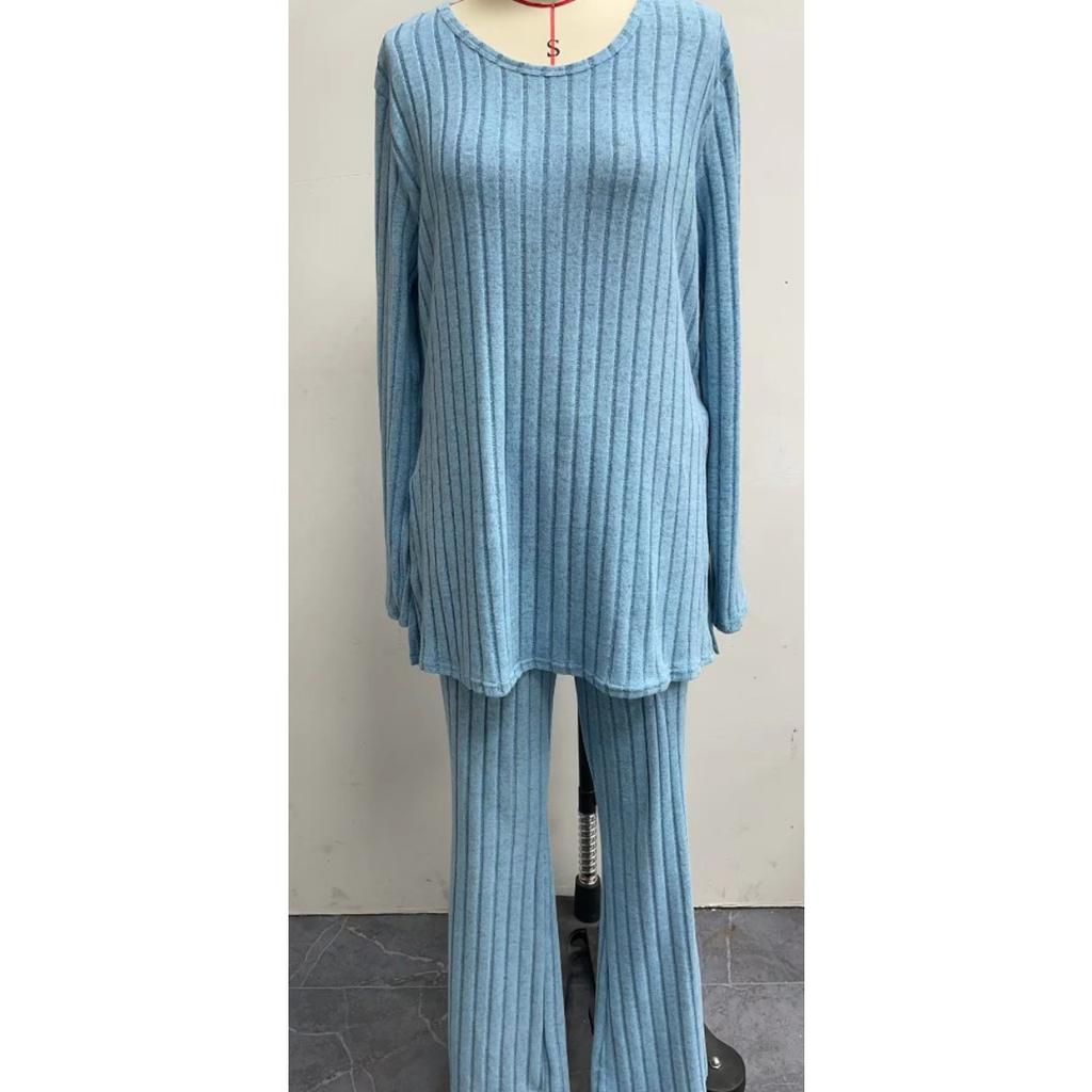 Women's Slim Two-Piece Outfit Long Sleeve Knit Top Elastic Waist Flared Pants Casual Tracksuit