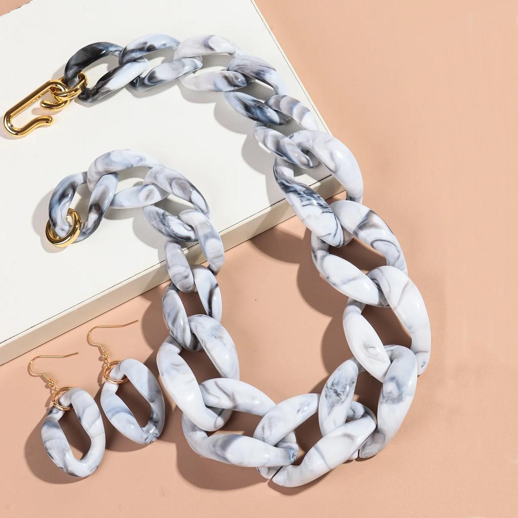 Statement Acrylic Earring Necklace Set for Women Men Boho Thick Link Chain Pendant Rock Jewelry Gifts