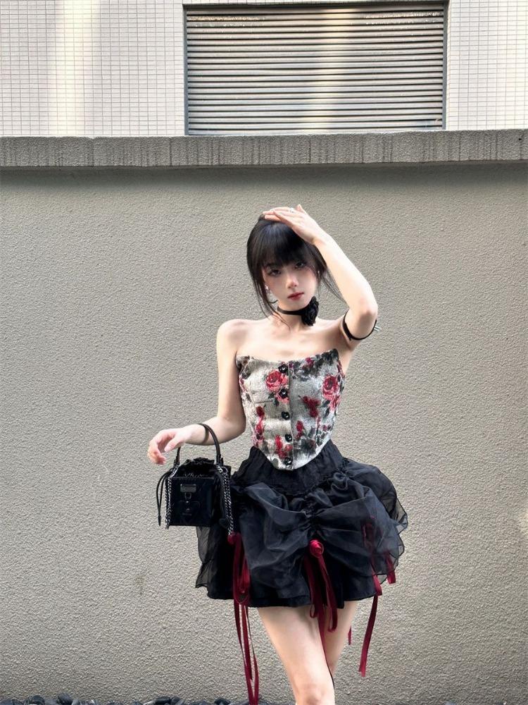 Sexy Bow Print Two Piece Set Women Summer Strapless Rose Tops + Mini Cake Skirt Female Korean Fashion Streetwear Party New Suits