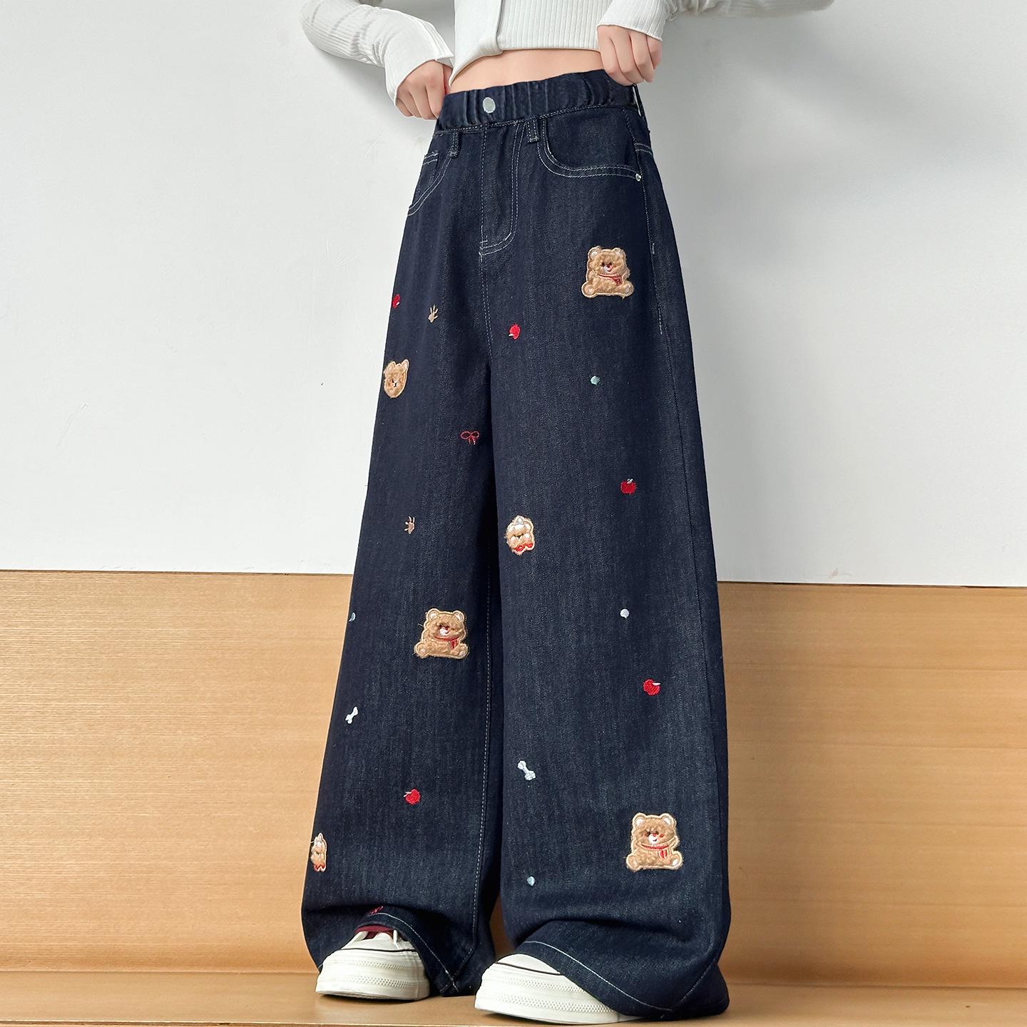 

2025 Джинсы широкие с мультяшным медведем для девочек: Весенне-осенняя мода для детей среднего и старшего возраста 130 cm