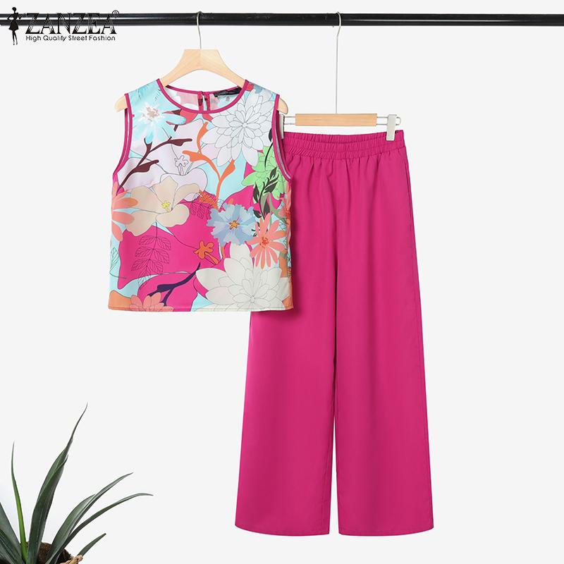 ZANZEA Women Sleeveless Print Tank Tops and Pants Summer Two Piece Suit Sets