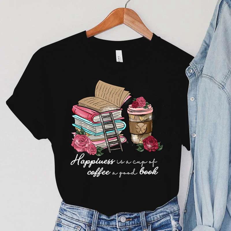 Coffee & Rose T-Shirts Women's Short Sleeve Clothing Cartoon Stairs Tops Books T Shirts Summer Casual Fashion Women T-shirts