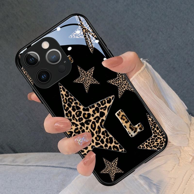 Black Leopard Print Star Letter Pattern Glass Phone Case For iPhone 17 16 15 14 13 12 11 Pro Max 16E 17Air 7 Plus XR XS X Cover