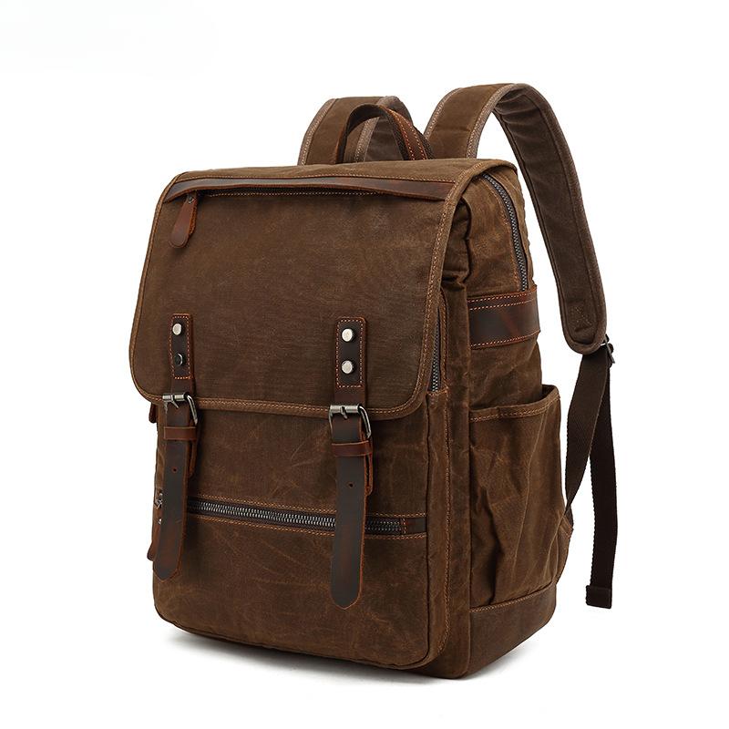 Men's Shoulder Travel Bag Student Book Backpack Waterproof Oil Wax Canvas