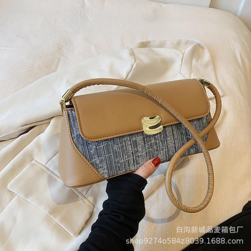 

2025 new bag, niche design, fashionable baguette, one-shoulder underarm bag, spliced contrasting colors, foreign style explosive crossbody bag хакі